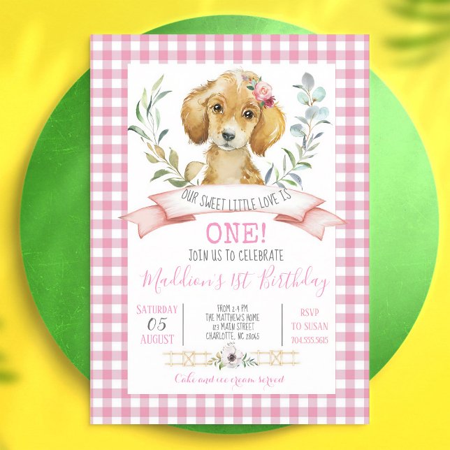 Pink Gingham Puppy Birthday Shower Invitation (Creator Uploaded)