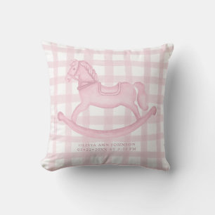 Pink Gingham Rocking Horse Baby Girl Birth Pillow