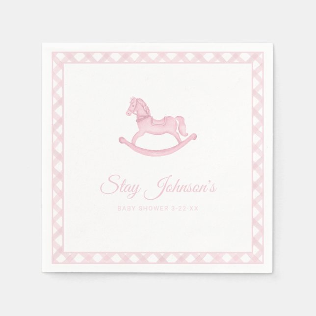 Pink Gingham Rocking Horse Baby Shower Napkins (Front)