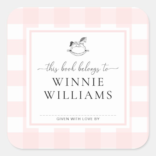 Pink Gingham Rocking Horse Bookplate Sticker (Front)