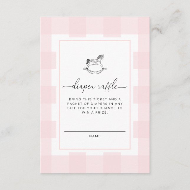 Pink Gingham Rocking Horse Diaper Raffle Ticket Enclosure Card (Front)