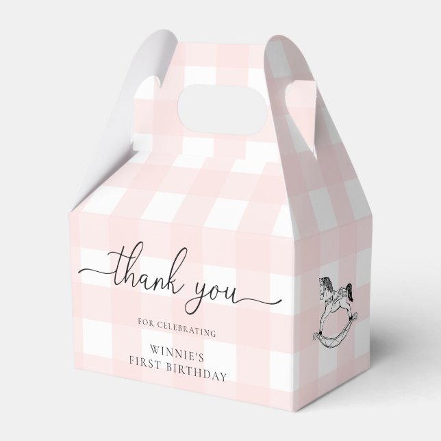 Pink Gingham Rocking Horse Thank You Favour Box (Front Side)