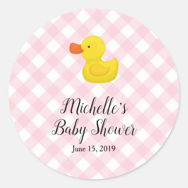 Pink Gingham Rubber Duckie Baby Shower Classic Round Sticker (Front)