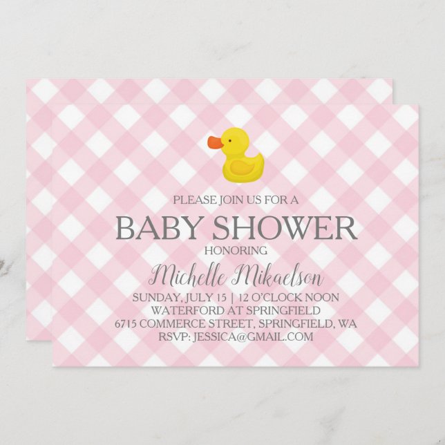 Pink Gingham Rubber Duckie Baby Shower Invitation (Front/Back)