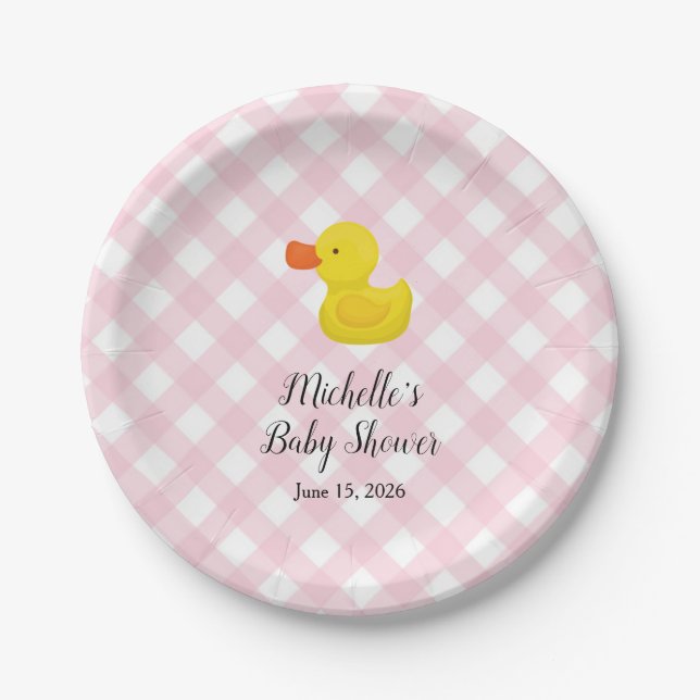 Pink Gingham Rubber Duckie Baby Shower Paper Plate (Front)