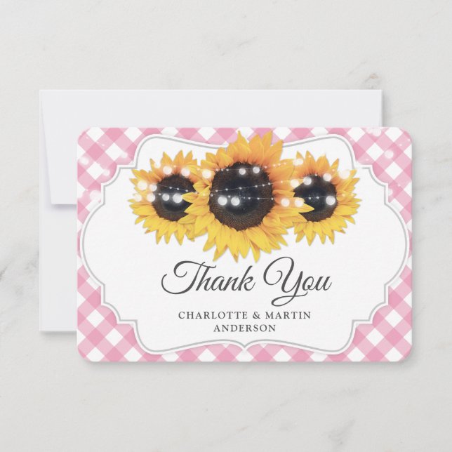 Pink Gingham Rustic Sunflower Wedding Thank You Card (Front)
