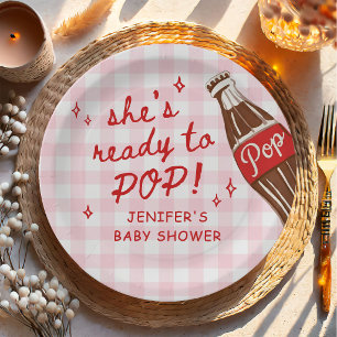 Pink Gingham She's Ready to Pop Baby Shower Paper Plate
