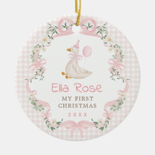 Pink Gingham Silly Goose Baby First Christmas Ceramic Ornament