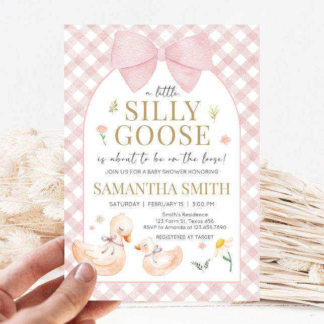 Pink Gingham Silly Goose Baby Shower Invitation (Silly Goose Baby Shower Invitation)