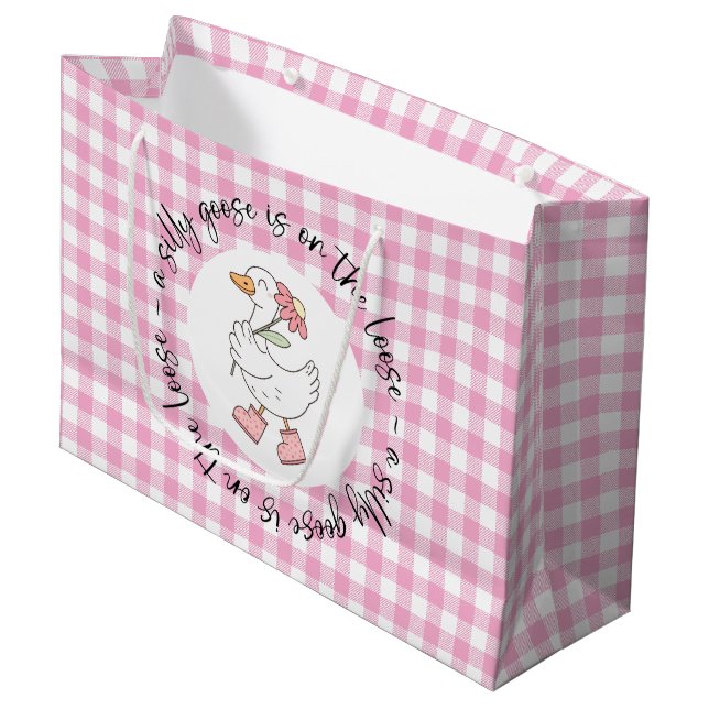 Pink Gingham Silly Goose Large Gift Bag (Front Angled)