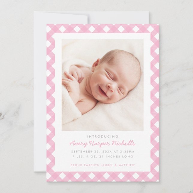 Pink Gingham Single Photo Birth Announcement (Front)