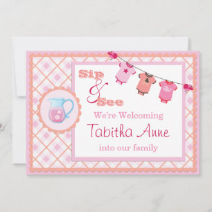 Pink Gingham Sip and See Bunting Baby Invitation