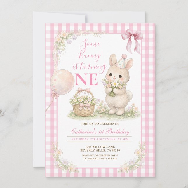 Pink Gingham Some Bunny Is Turning One Birthday Invitation (Front)