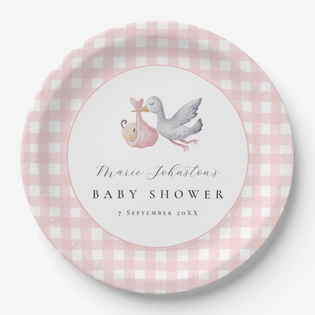 Pink Gingham Stalk Baby Shower Paper Plates (Front)