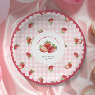 pink Gingham Strawberry-Baby Girl Shower Paper Plate