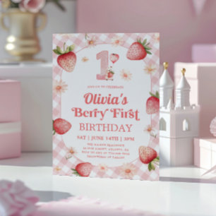 Pink Gingham Strawberry Berry 1st Birthday Invitation