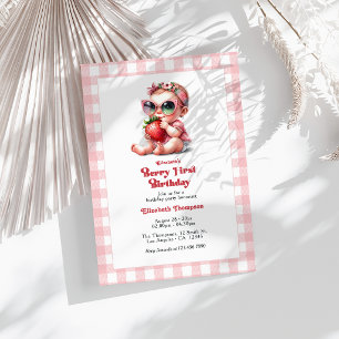 Pink Gingham & Strawberry Berry 1st Birthday Party Invitation