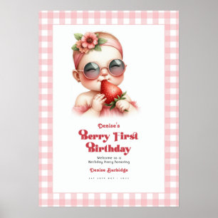 Pink Gingham Strawberry Berry 1st Birthday Welcome Poster