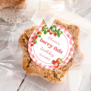 Pink Gingham Strawberry Birthday Classic Round Sticker