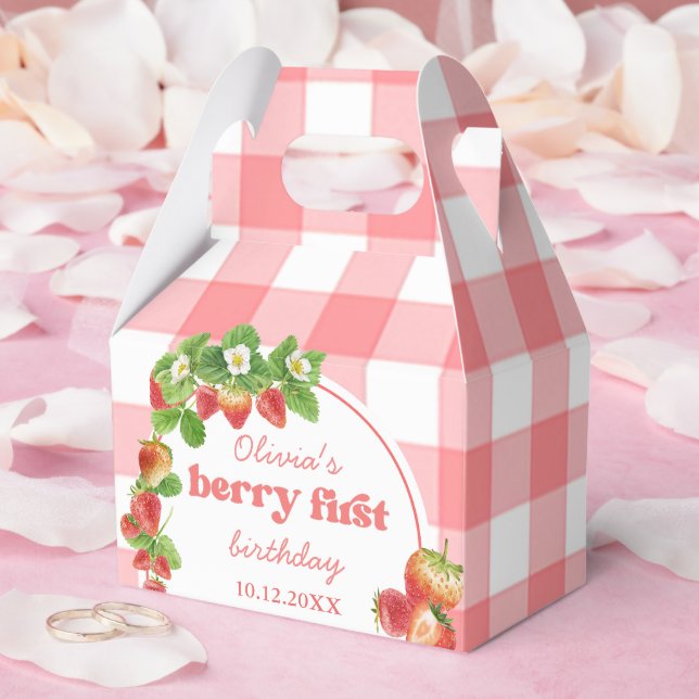 Pink Gingham Strawberry Birthday Favor Box (Wedding)
