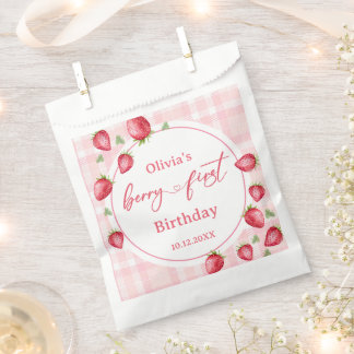 Pink Gingham Strawberry Birthday Favour Bag