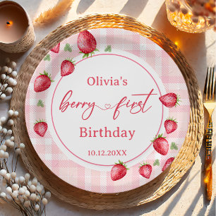 Pink Gingham Strawberry Birthday Paper Plate