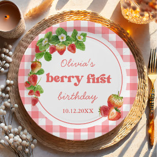Pink Gingham Strawberry Birthday Paper Plate