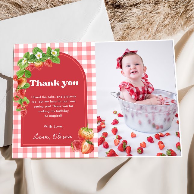 Pink Gingham Strawberry Birthday Thank You Card (Creator Uploaded)