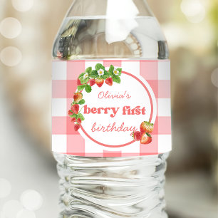 Pink Gingham Strawberry Birthday Water Bottle Label