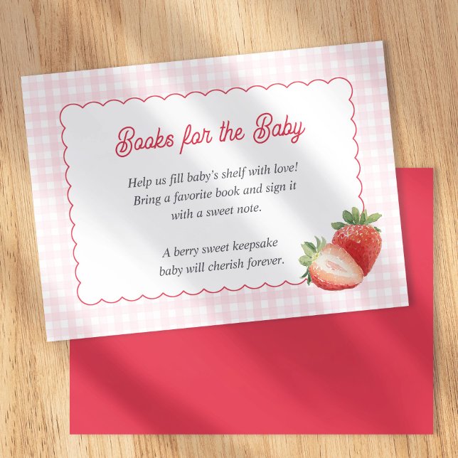 Pink Gingham Strawberry-Books for Baby Cards (Strawberry-pink gingham, spring baby shower-books for the baby card.)