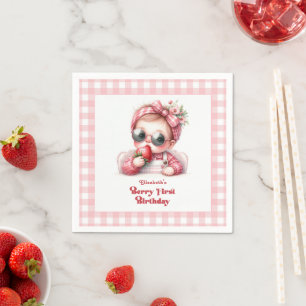 Pink Gingham Strawberry Chic Berry First Birthday Napkin