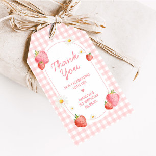 Pink Gingham Strawberry First Birthday Favour Tags