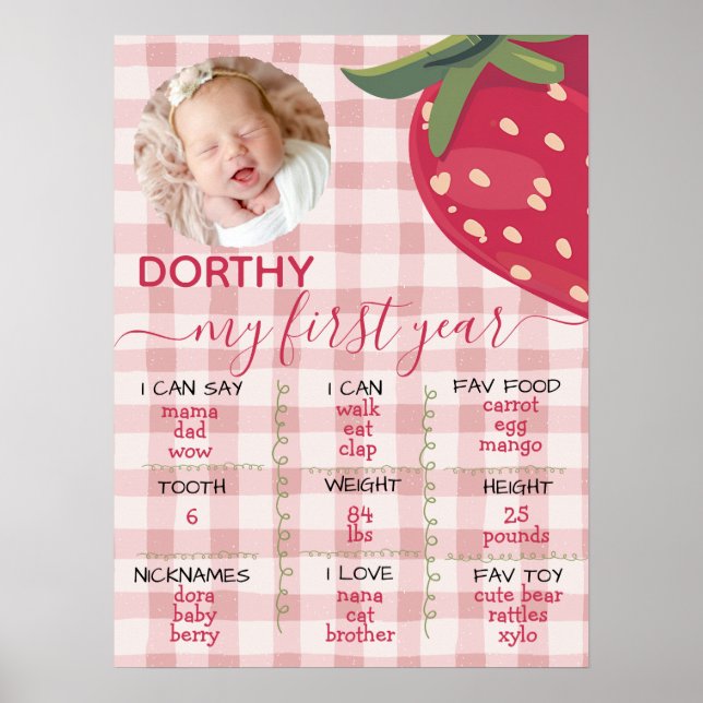 Pink Gingham Strawberry First Birthday Milestone  Poster (Front)