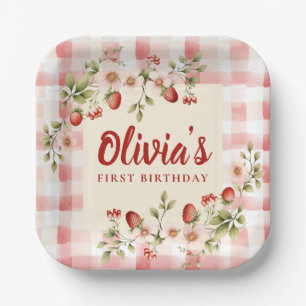 Pink Gingham Strawberry Floral Birthday  Paper Plate