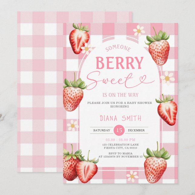PINK Gingham Strawberry Sweet Baby Shower Invitation (Front/Back)