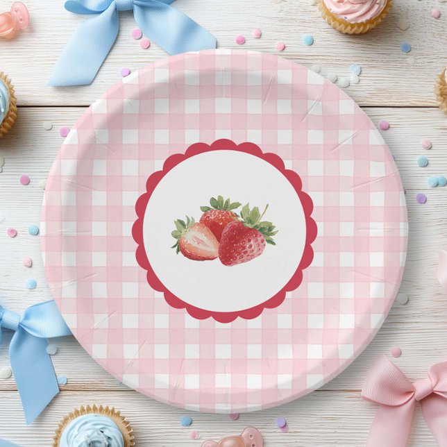 Pink Gingham-Strawberry themed  Paper Plate (Pink Gingham with strawberry Paper plate for any party.)