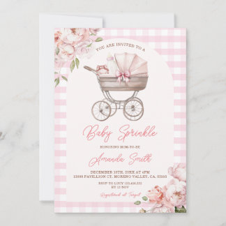 Pink Gingham Stroller Floral Girl Baby Sprinkle Invitation