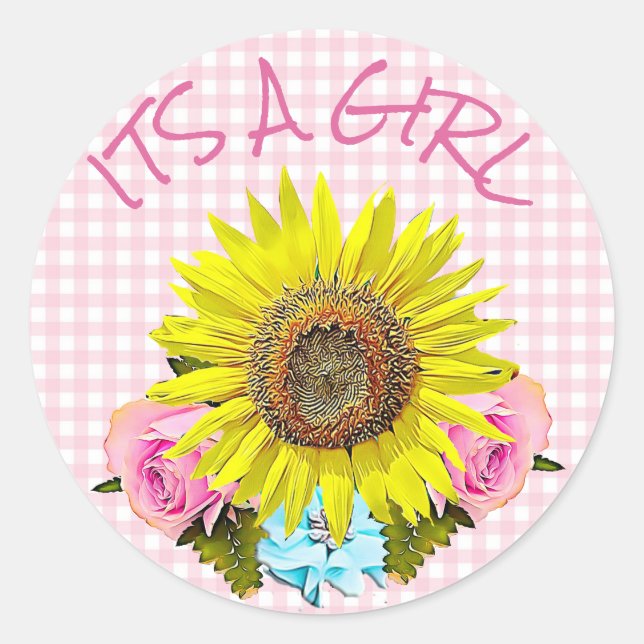 Pink Gingham Sunflower BABY SHOWER  Stickers (Front)