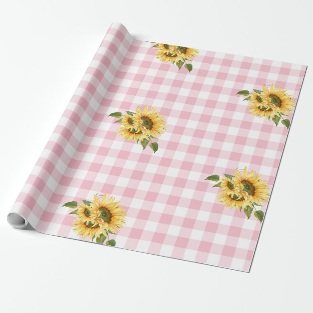Pink Gingham Sunflower Baby Shower Wrapping Paper (Unrolled)