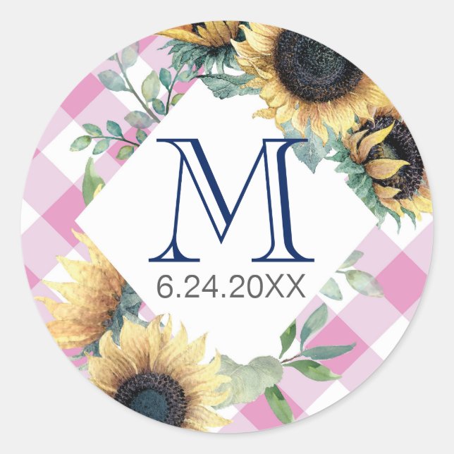 Pink Gingham Sunflower Thank You Classic Round Sticker (Front)