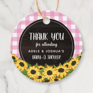 Pink Gingham & Sunflowers Baby-Q Shower Thank You Favour Tags