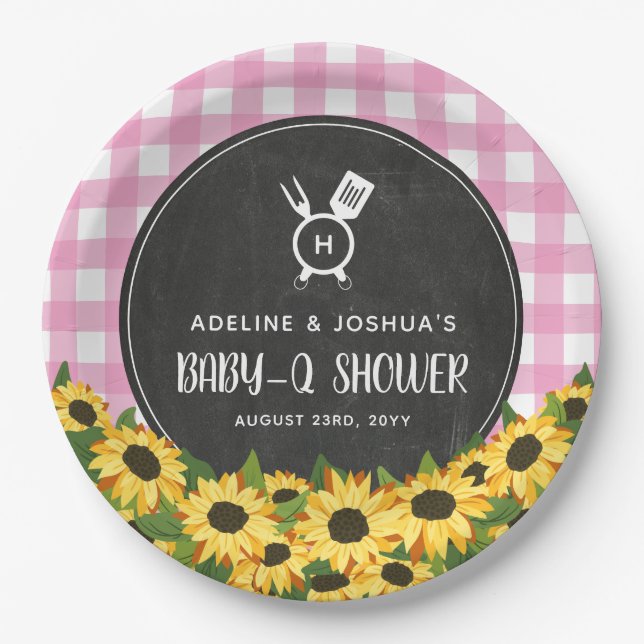 Pink Gingham Sunflowers Chalkboard Baby-Q Shower Paper Plate (Front)