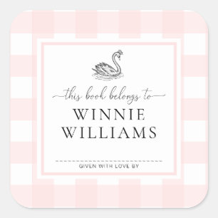 Pink Gingham Swan Bookplate Sticker
