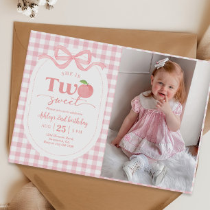 Pink Gingham Sweet Peach 2nd Birthday Photo Invitation
