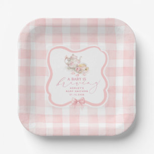 Pink Gingham Tea Party Girl Baby Shower Paper Plate