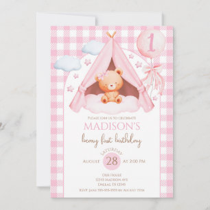 Pink Gingham Teddy Bear Balloon Girl 1st Birthday Invitation