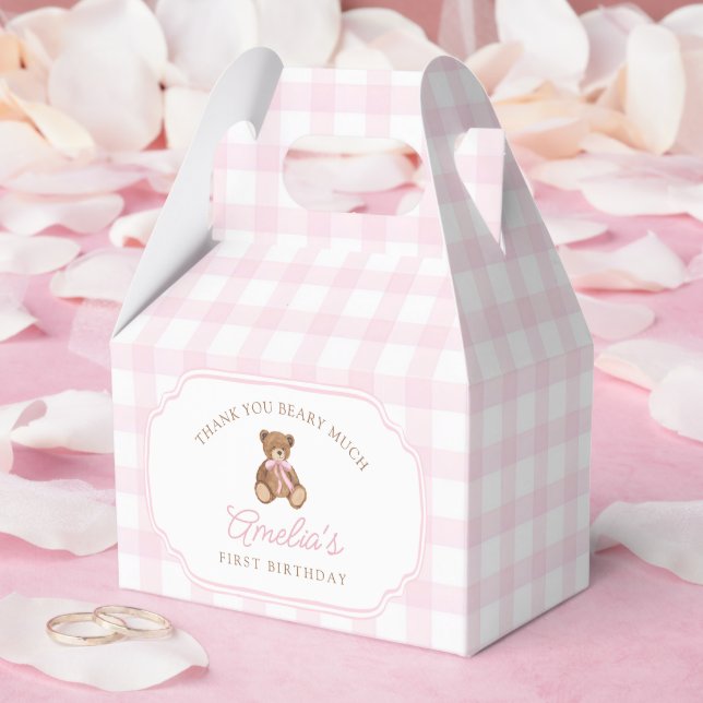 Pink Gingham Teddy Bear Beary First Birthday Favor Box (Wedding)