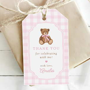 Pink Gingham Teddy Bear Beary First Birthday Gift Tags