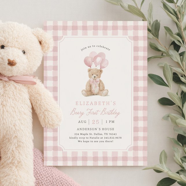 Pink Gingham Teddy Bear Beary First Birthday Invitation (Creator Uploaded)