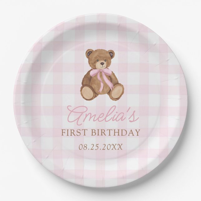 Pink Gingham Teddy Bear Beary First Birthday Paper Plate (Front)